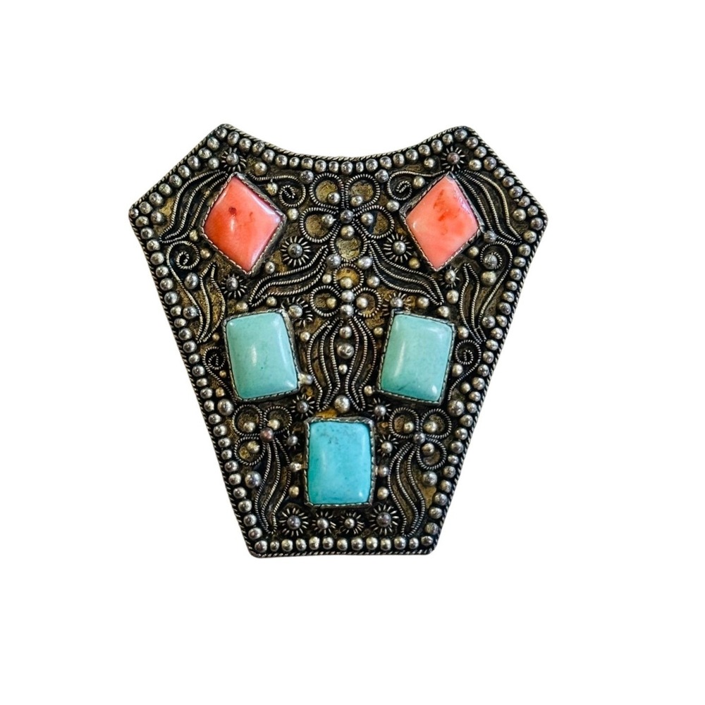 Antique Turquoise Coral Dress Clip Pin VTG Floral Chinese Export China 800 Rare